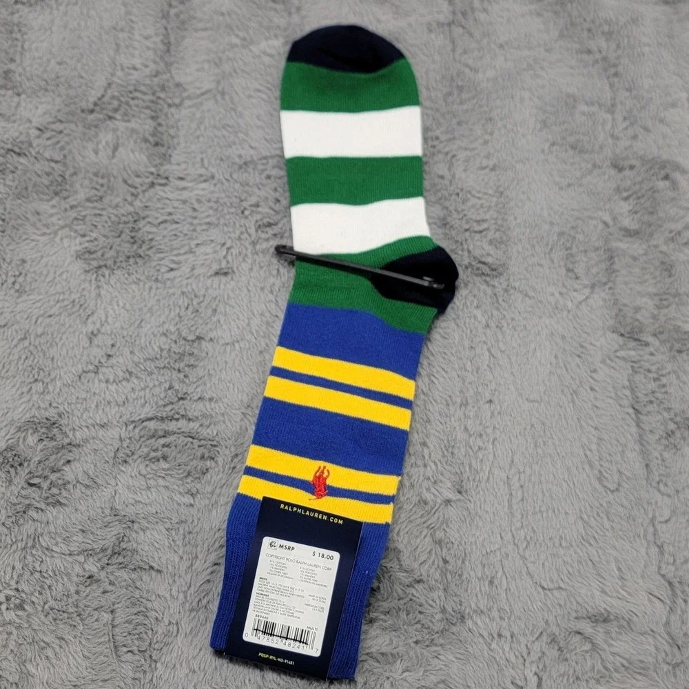 Polo Ralph Lauren Socks Mens 6-12.5 Multicolor Stripe Crest Pony Crew Mid Calf